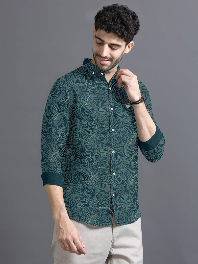 Hunter Green With Cream Printed Super Soft Cotton Shirt