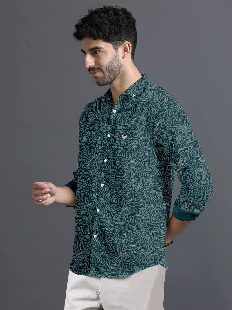 Hunter Green With Cream Printed Super Soft Cotton Shirt