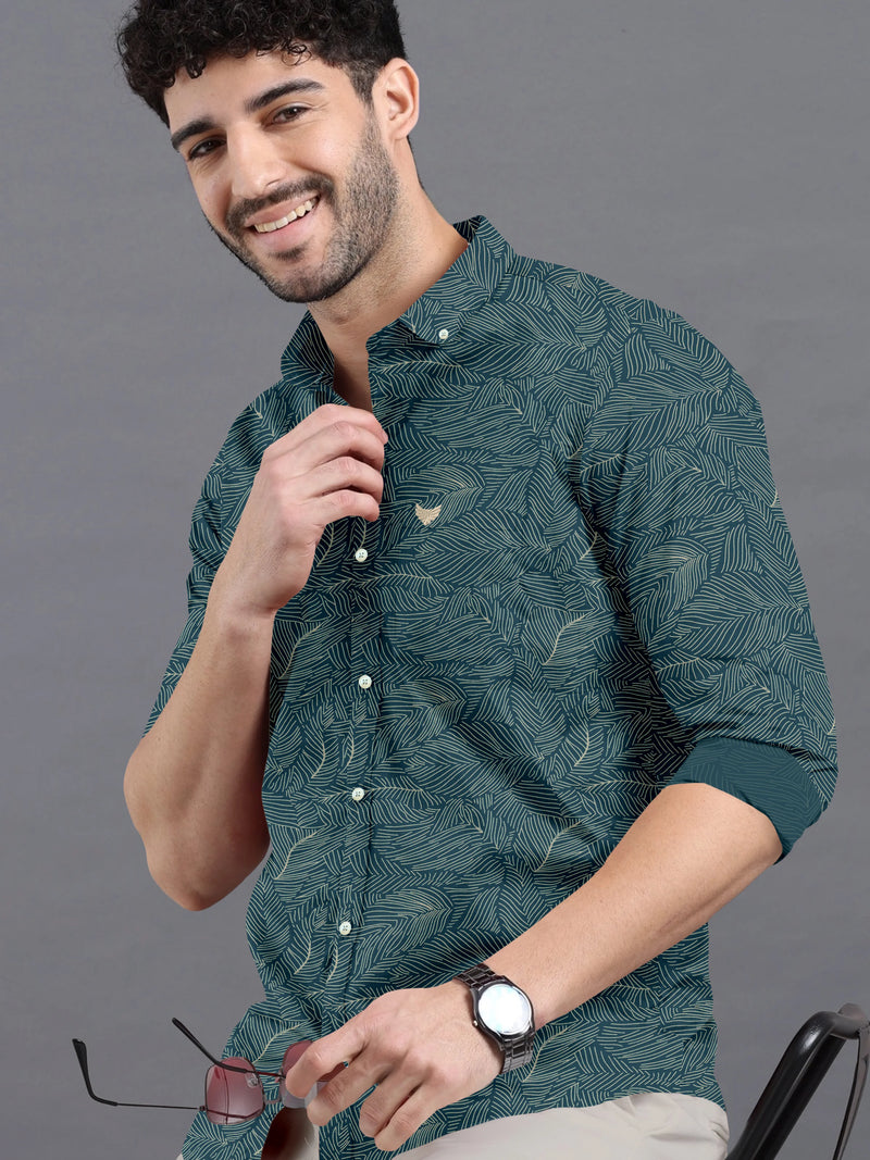 Hunter Green With Cream Printed Super Soft Cotton Shirt