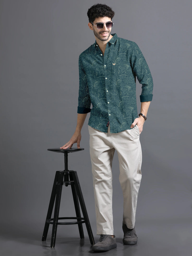 Hunter Green With Cream Printed Super Soft Cotton Shirt