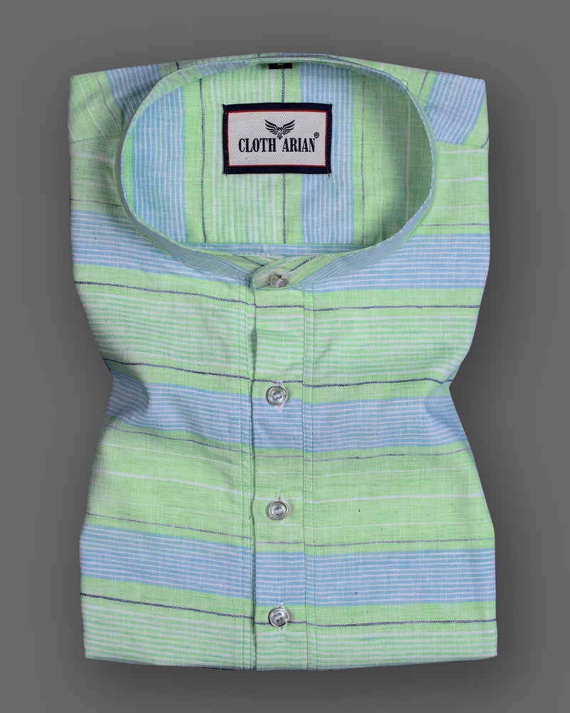 Kindle Green With Blue Weft Stripe Premium Kurta Shirt