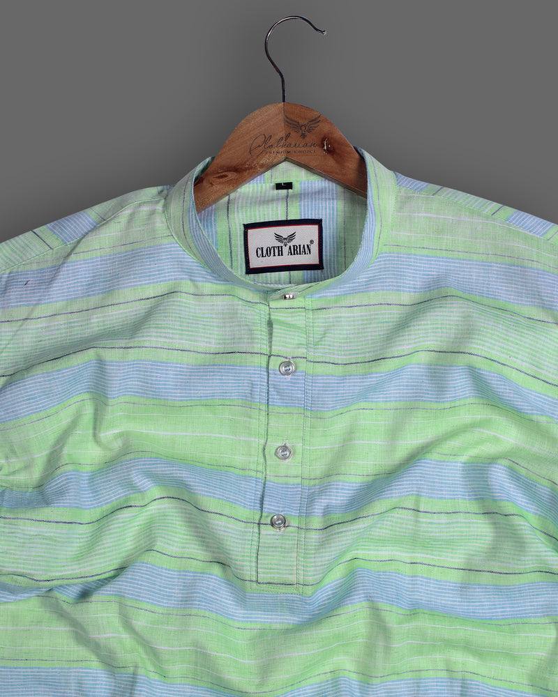 Kindle Green With Blue Weft Stripe Premium Kurta Shirt