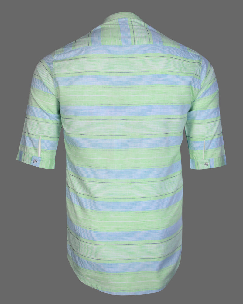 Kindle Green With Blue Weft Stripe Premium Kurta Shirt