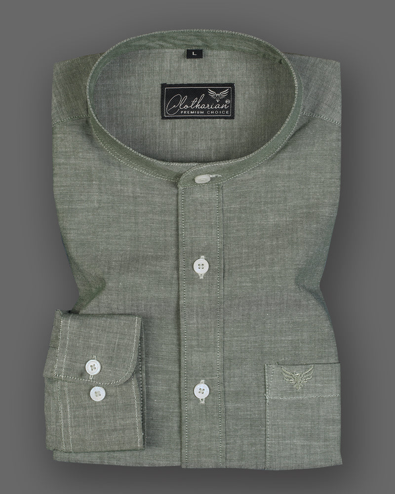 Highland Green Formal Solid Mandarin Collar Cotton Shirt