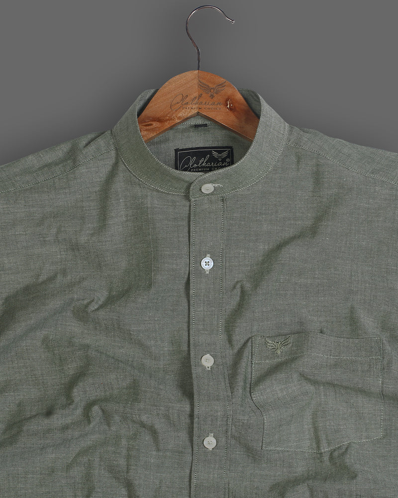 Highland Green Formal Solid Mandarin Collar Cotton Shirt