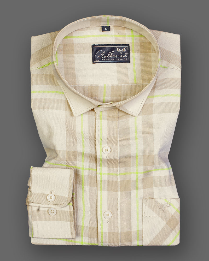 Mandys Cream With Green Checks-Plaid Premium Cotton Shirt