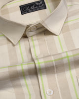 Mandys Cream With Green Checks-Plaid Premium Cotton Shirt