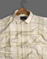 Mandys Cream With Green Checks-Plaid Premium Cotton Shirt