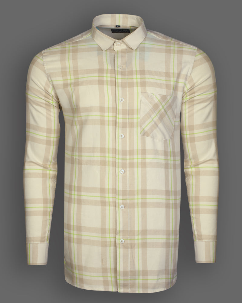 Mandys Cream With Green Checks-Plaid Premium Cotton Shirt