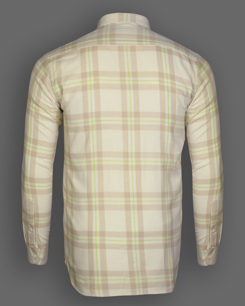 Mandys Cream With Green Checks-Plaid Premium Cotton Shirt