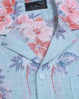 Sky Blue With Pink Floral Printed Half Sleeve Cotton Shirt