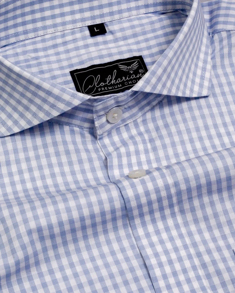 Sky Blue With Bright White Formal Checks Super Soft Giza Cotton Shirt