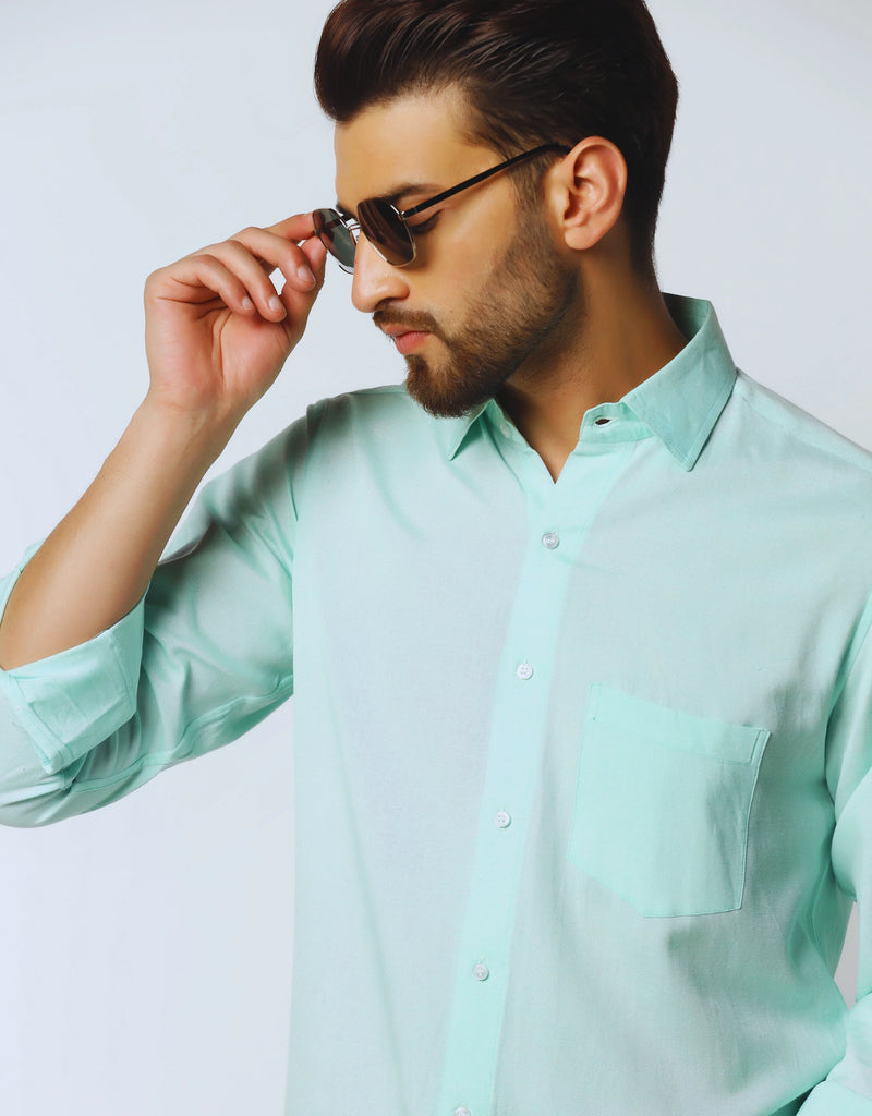 Middle Blue Green Solid Premium Cotton Shirt