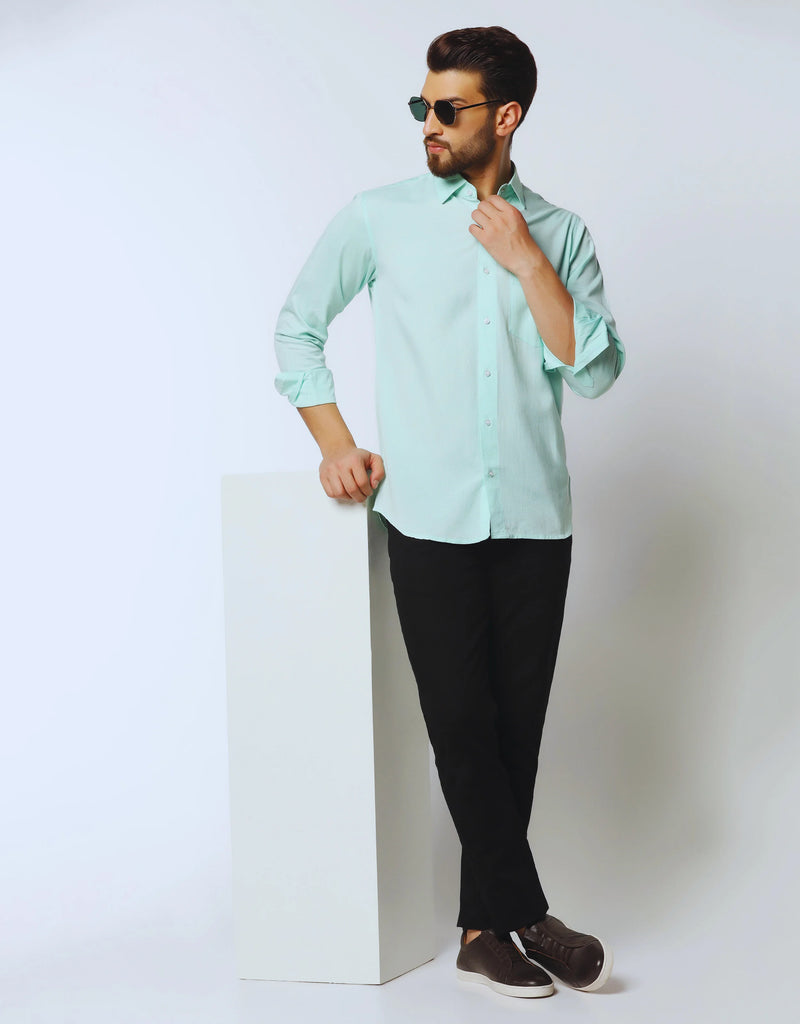 Middle Blue Green Solid Premium Cotton Shirt