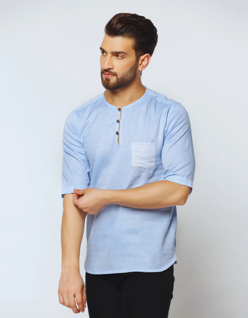 Double Cloth Sky Blue Color Short Sleeve Kurta Shirt