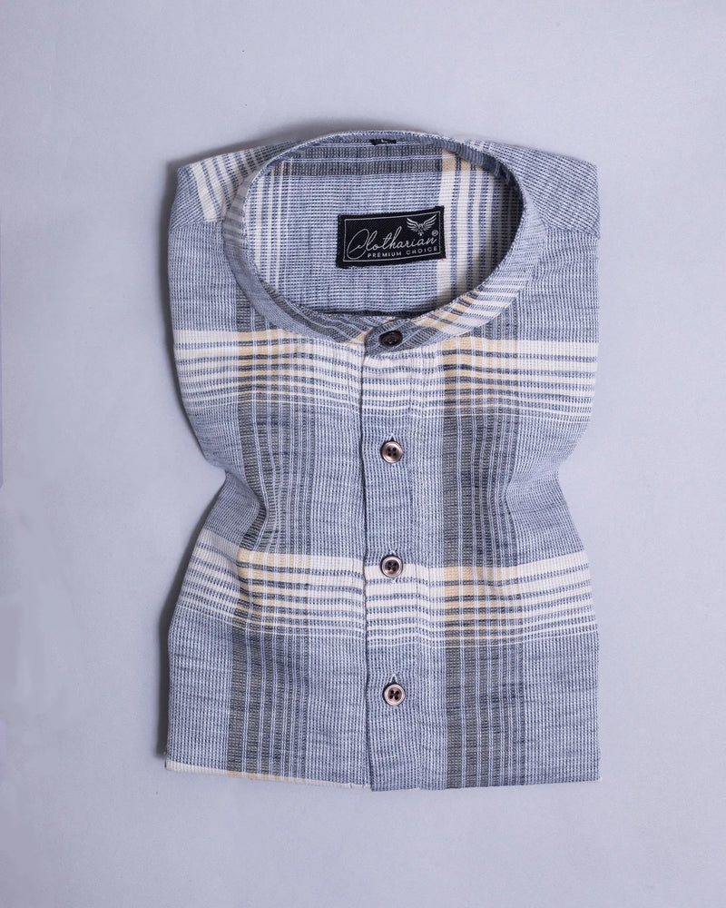 Light Yellow and Grey Checks Short Sleeve Kurta Shirt