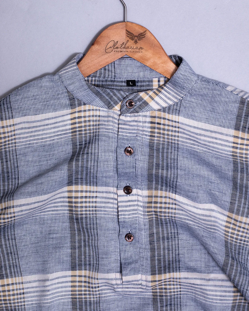 Light Yellow and Grey Checks Short Sleeve Kurta Shirt