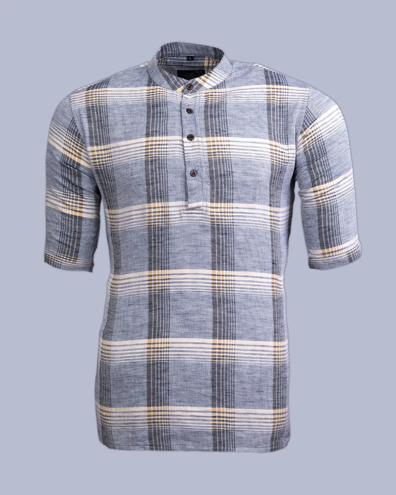 Light Yellow and Grey Checks Short Sleeve Kurta Shirt