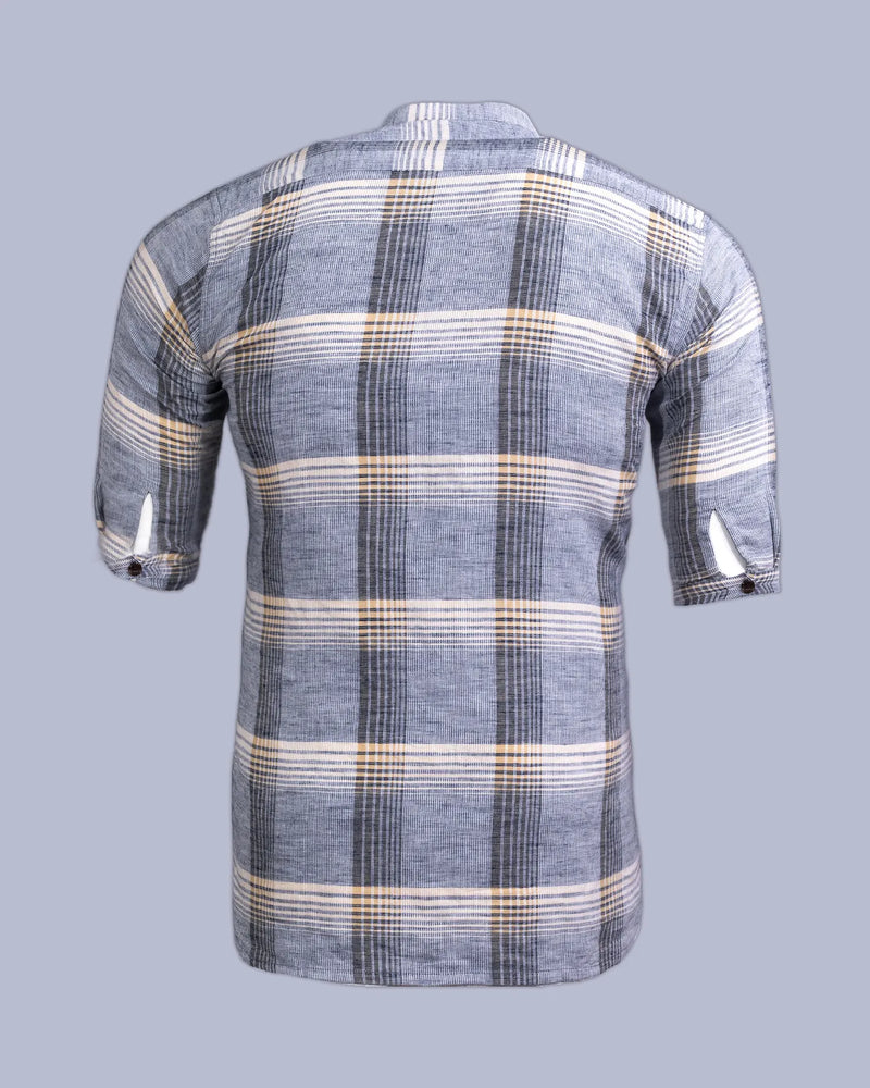 Light Yellow and Grey Checks Short Sleeve Kurta Shirt