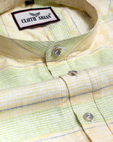 Banana Yellow With Green Weft Stripe Premium Kurta Shirt