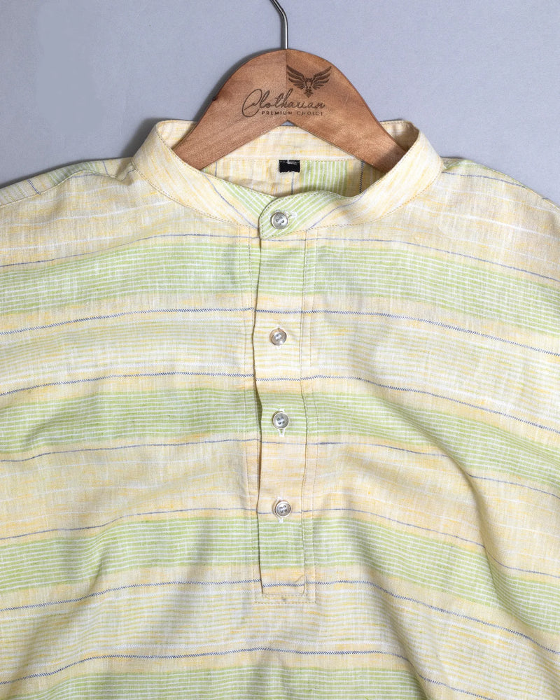 Banana Yellow With Green Weft Stripe Premium Kurta Shirt