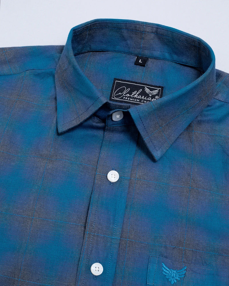 Teal Blue With Grey Dobby Plaid Checked Premium Cotton Shirt