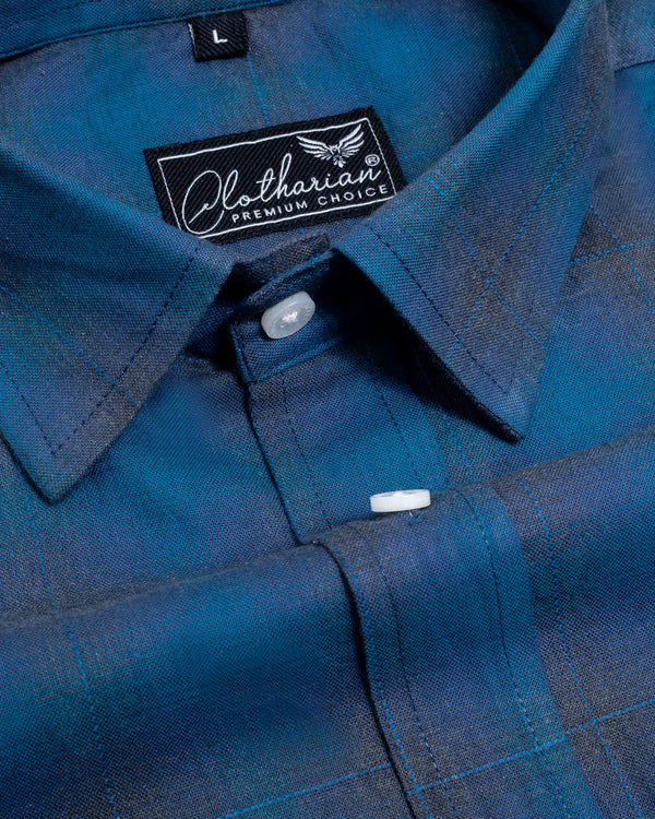 Teal Blue With Grey Dobby Plaid Checked Premium Cotton Shirt