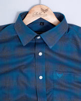 Teal Blue With Grey Dobby Plaid Checked Premium Cotton Shirt