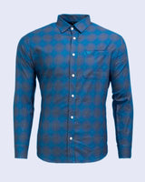 Teal Blue With Grey Dobby Plaid Checked Premium Cotton Shirt