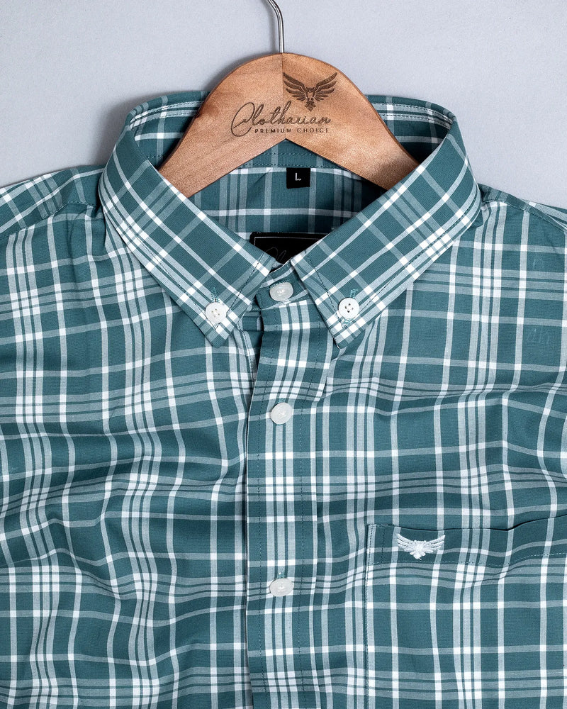 Pine Green With White Formal Checks Super Soft Button Down Cotton Shirt