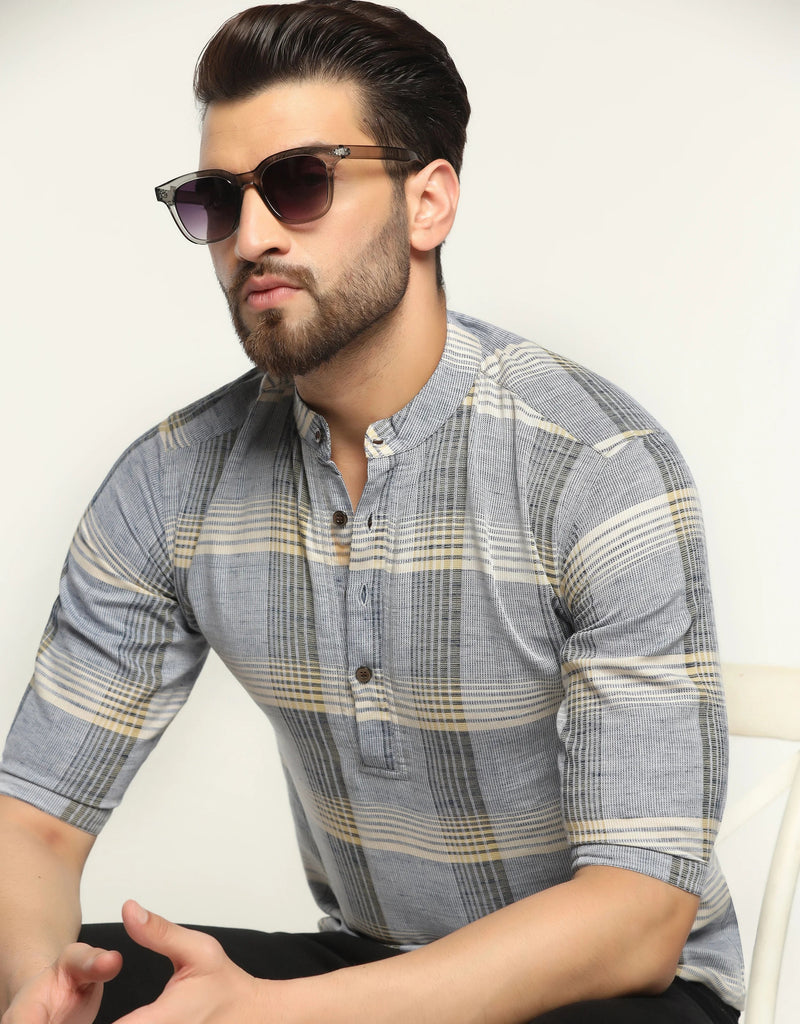 Light Yellow and Grey Checks Short Sleeve Kurta Shirt