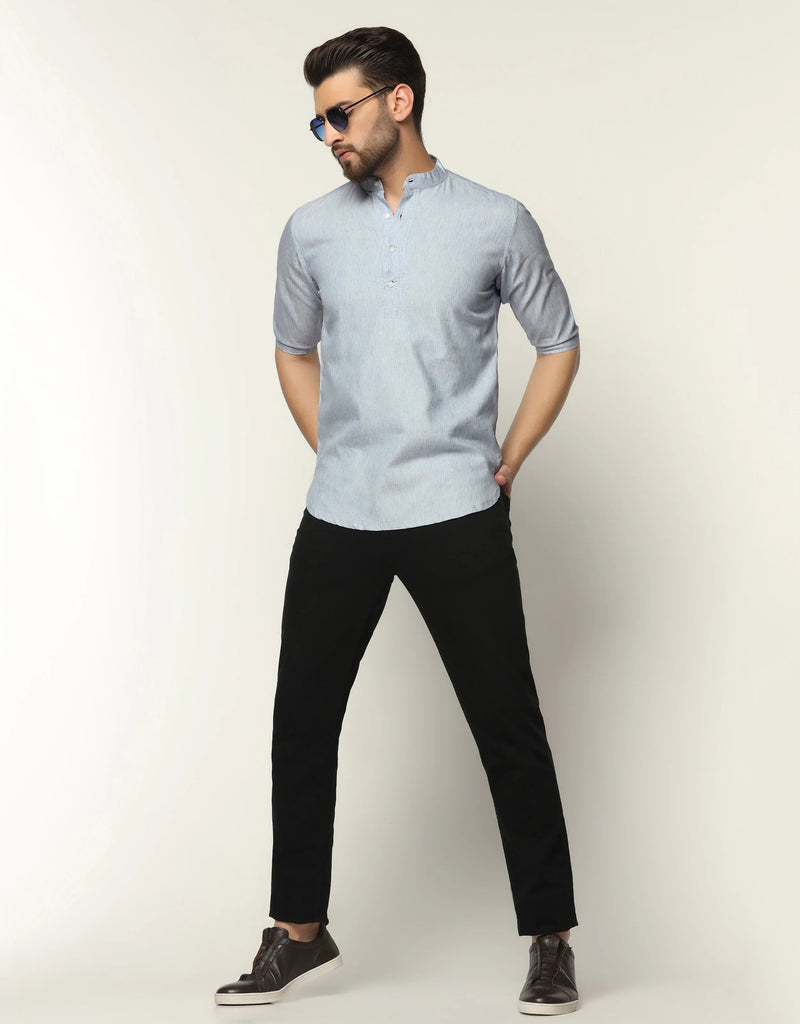 Mischka Blue Chambray Textured Short Sleeve Kurta Shirt