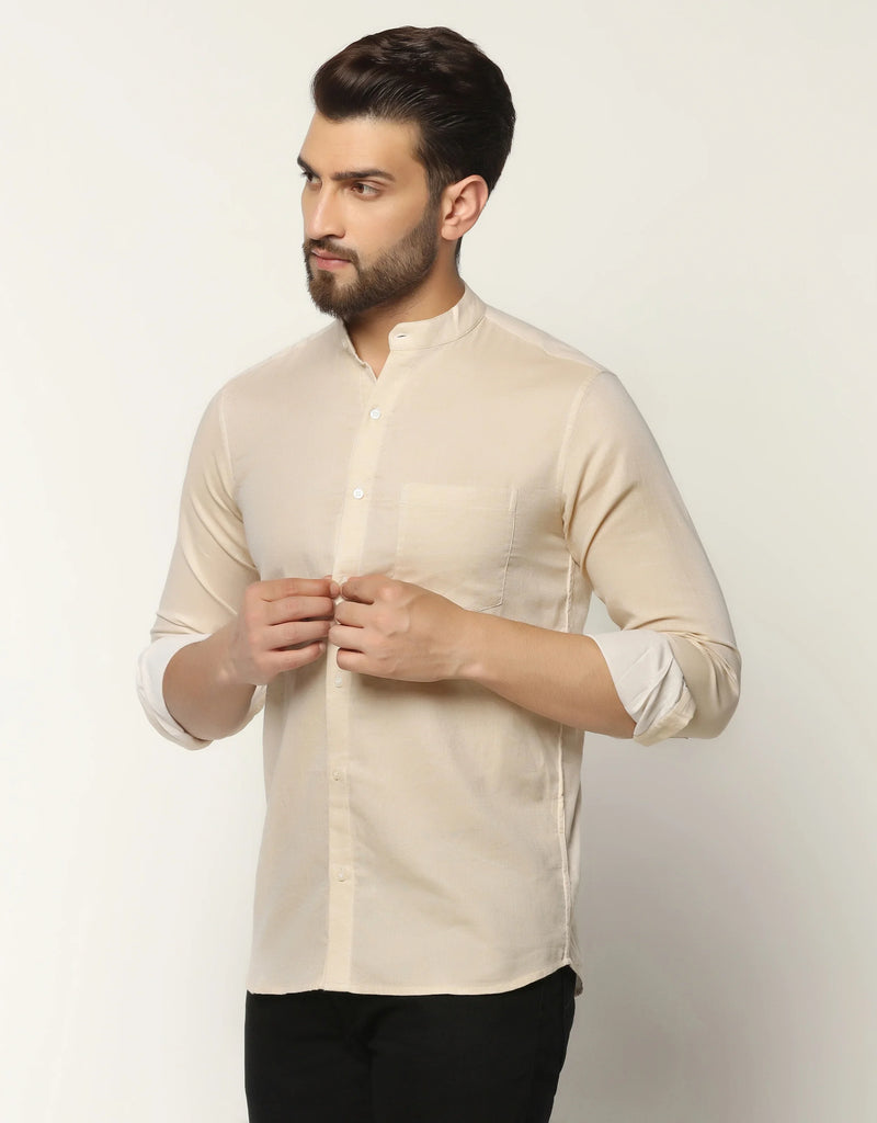 Double Cloth Sand Color With Mandarin Collar Premium Shirt