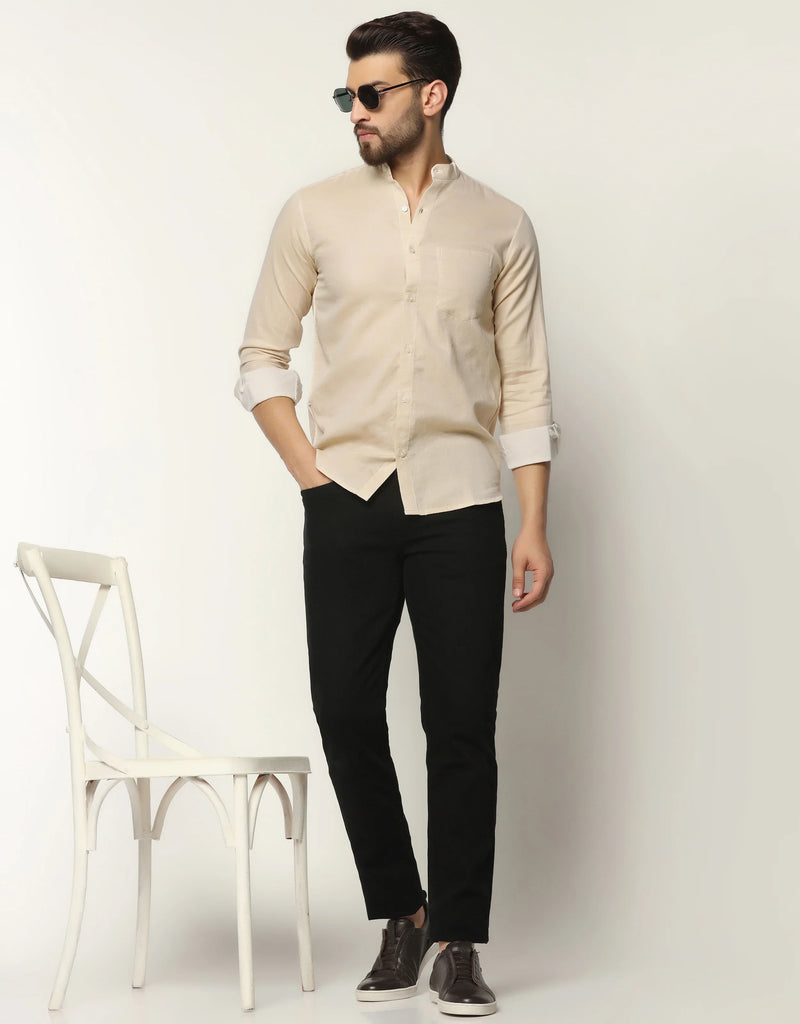 Double Cloth Sand Color With Mandarin Collar Premium Shirt